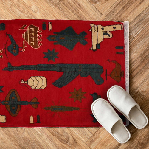 Afghan AK-47 Rug Artisan Symbols 2.7x2 ft