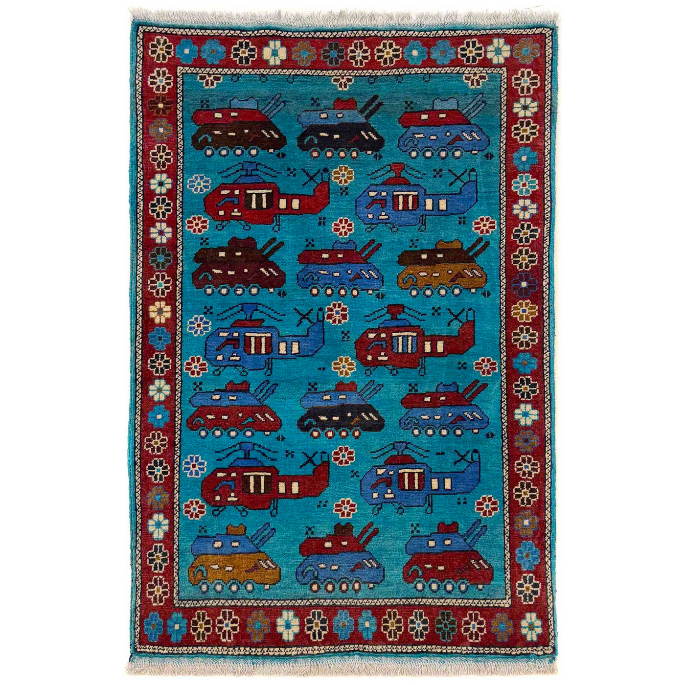 Handwoven Afghan Weapons Conflict Story Rug 4.3x2.7 ft