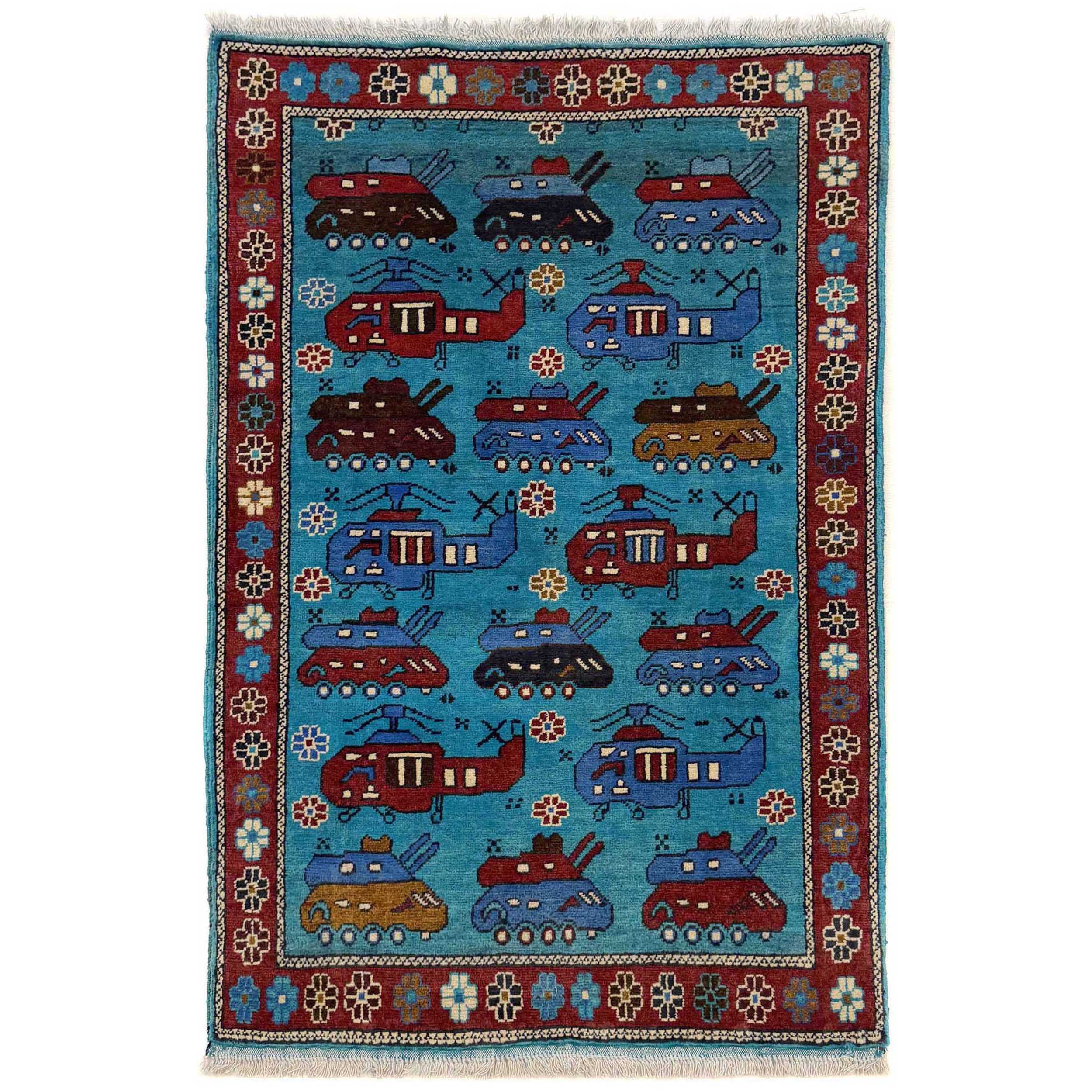 Handwoven Afghan Weapons Conflict Story Rug 4.3x2.7 ft