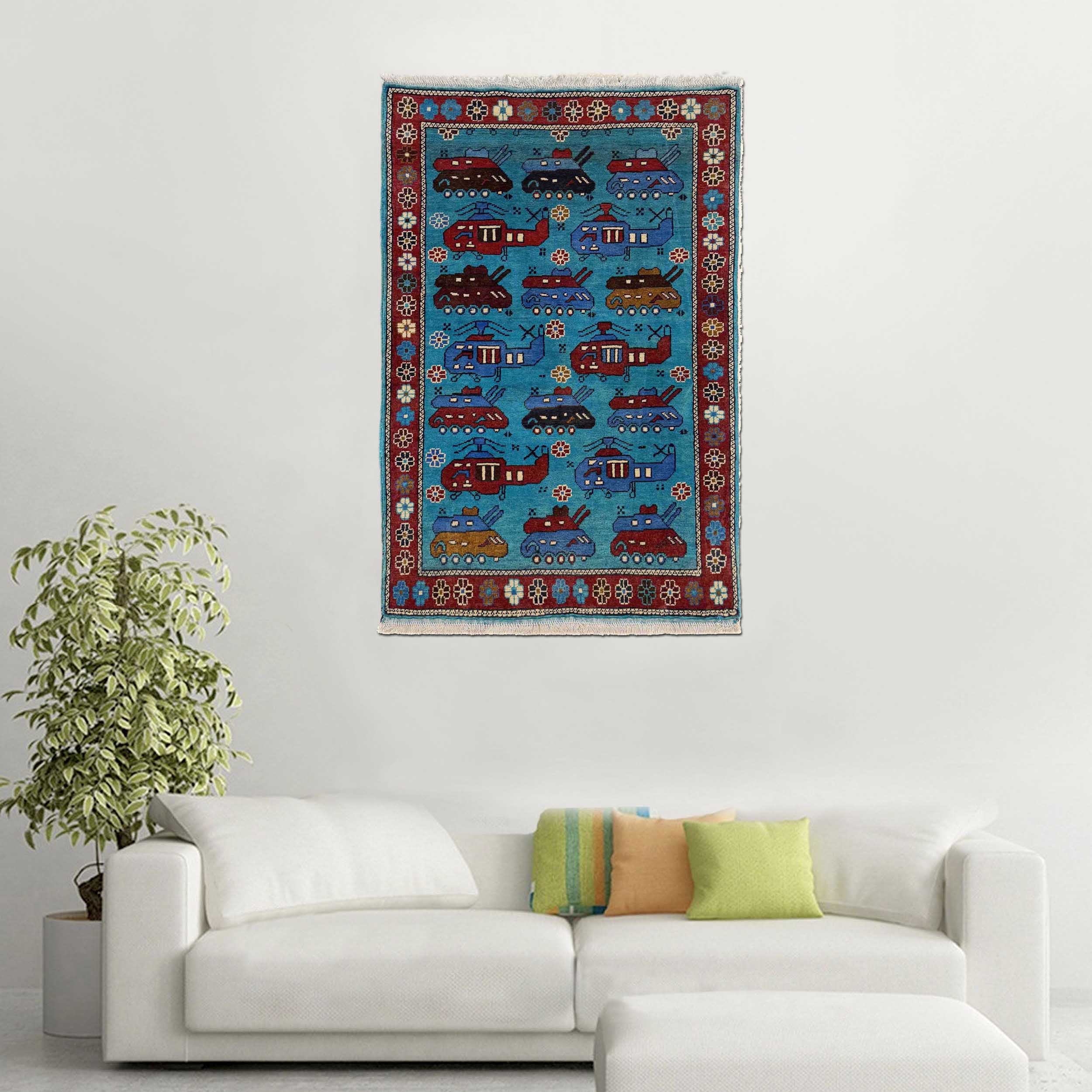 Handwoven Afghan Weapons Conflict Story Rug 4.3x2.7 ft