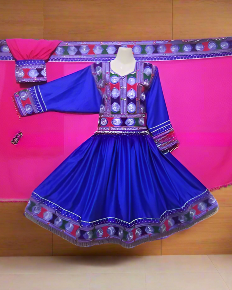 A traditional Afghan bridal dress displayed on a mannequin, featuring blue and pink colors with intricate embroidery and beads.