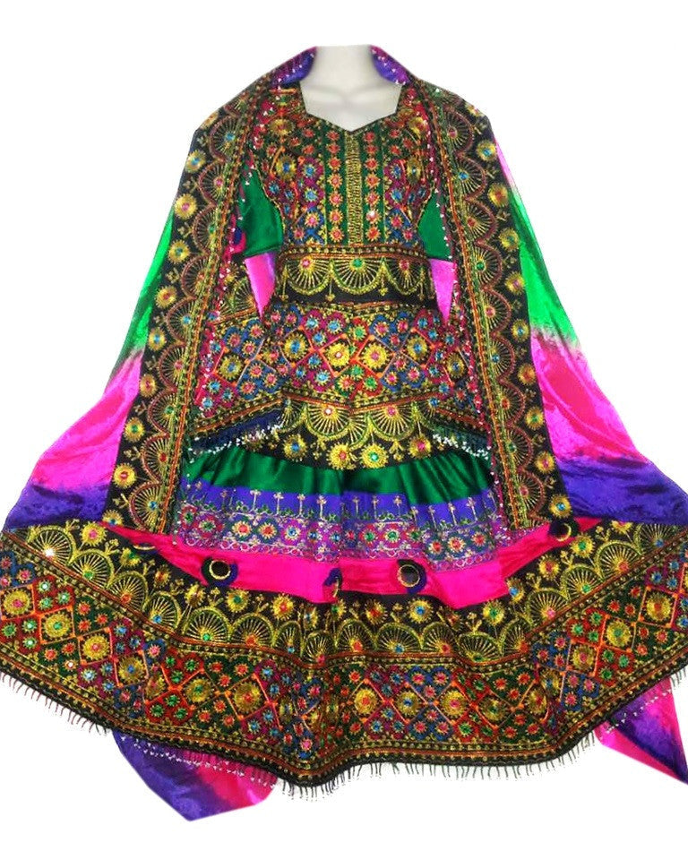 A traditional Afghanistan bridal dress with multicolor mirrors embroidery, predominantly green and pink, with long sleeves and decorative edges.
