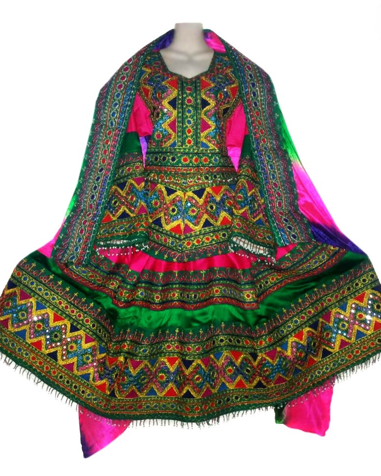 A traditional Afghan bridal dress featuring multicolor mirrors work, with green and pink as the main colors. The dress has intricate patterns and is displayed on a mannequin.