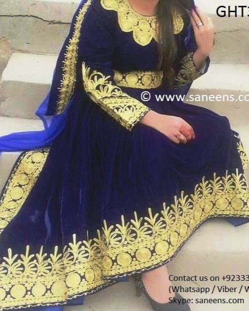 Afghan Traditional Hand Embroidered Velvet Fabric Dress