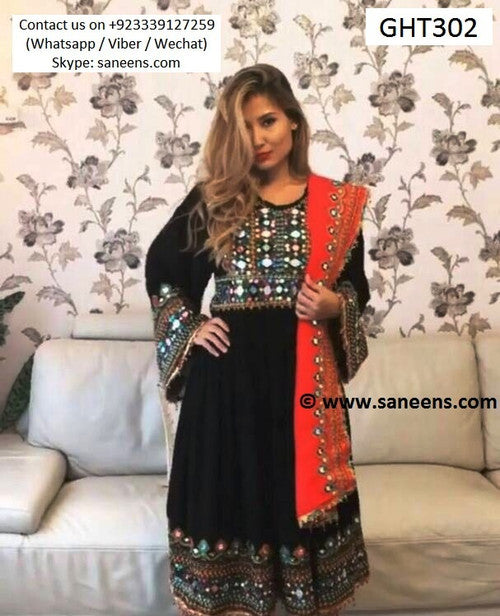 Afghani Dress In Black And Red Color With Mirrors Work
