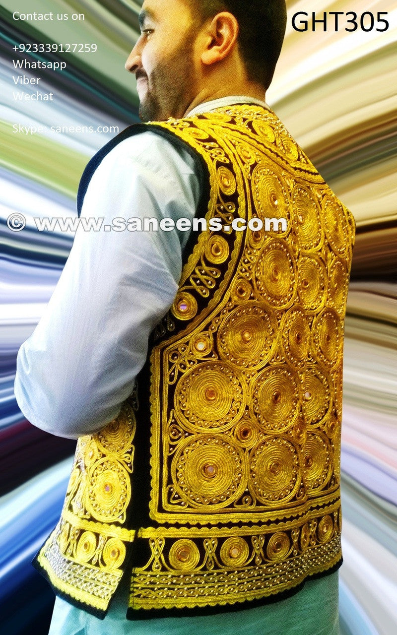 afghan pashtun vest, tribal kuchi handmade waist coat