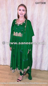 Muslimah Fashion Afghan Clothes In Green Color Fancy Embroidery Work