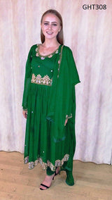 Muslimah Fashion Afghan Clothes In Green Color Fancy Embroidery Work