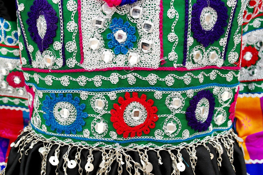 Afghan Traditional Clothes In Black Color With Waist Belt And Mirrors Work