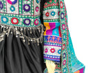 Afghan Traditional Clothes In Black Color With Waist Belt And Mirrors Work