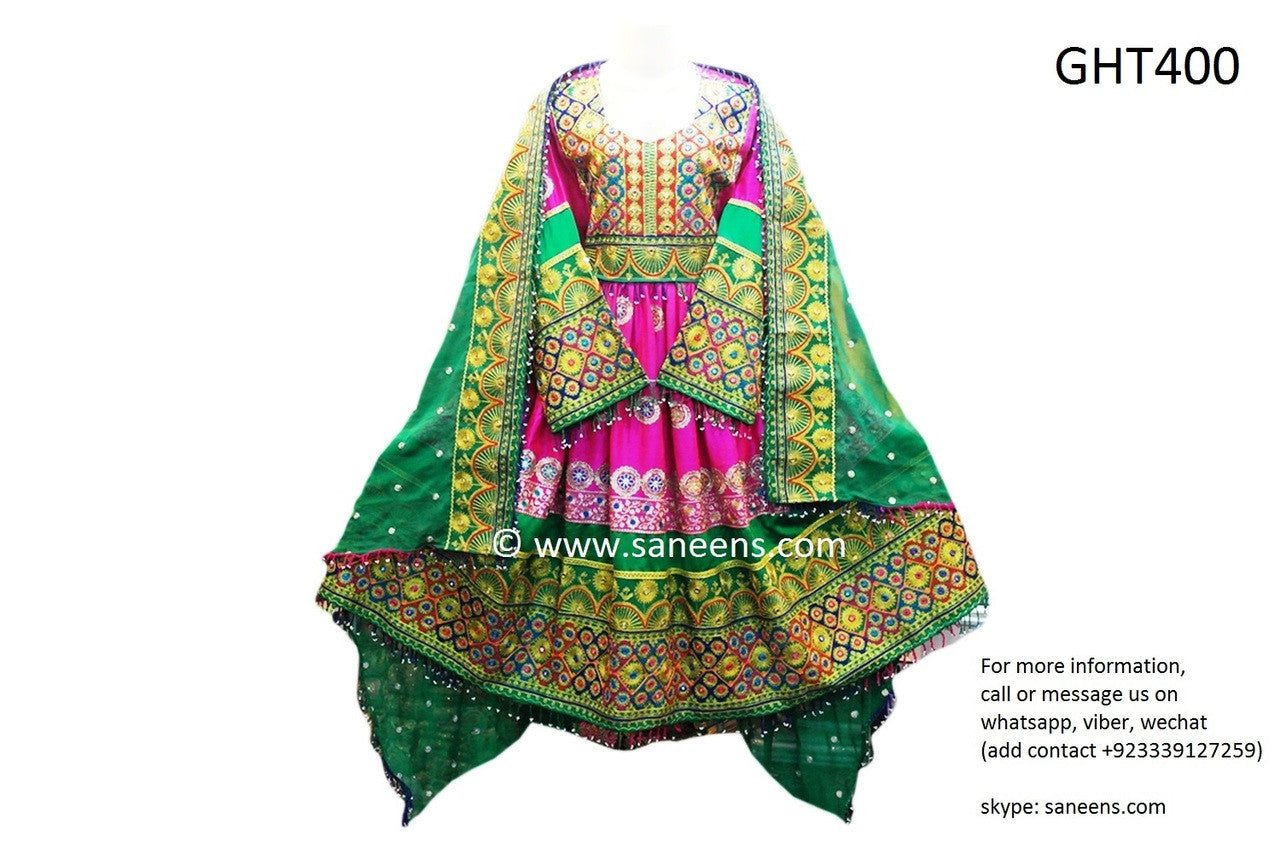 Afghan Wear Pashtun Bridal Dress In Pink And Green Color