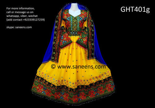 Traditional Afghan Pathan Girl Bridal Frock In Yellow Color