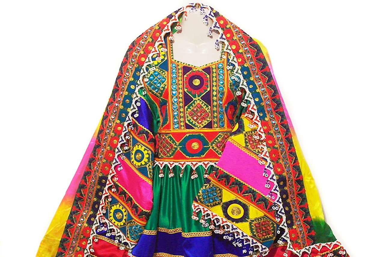 Afghani Dress In Green Color With Beautiful Embroidery And Beads Work