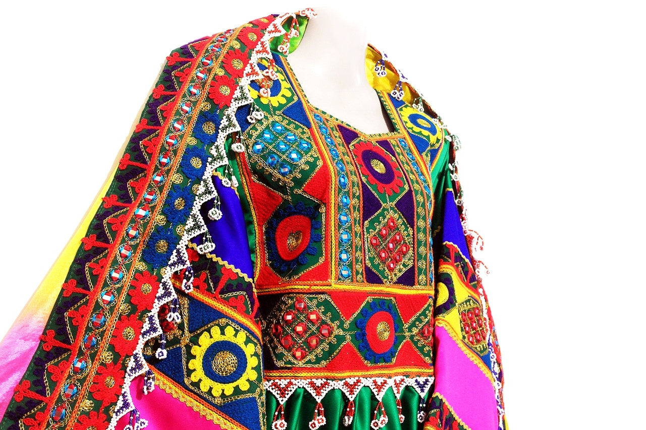 Afghani Dress In Green Color With Beautiful Embroidery And Beads Work