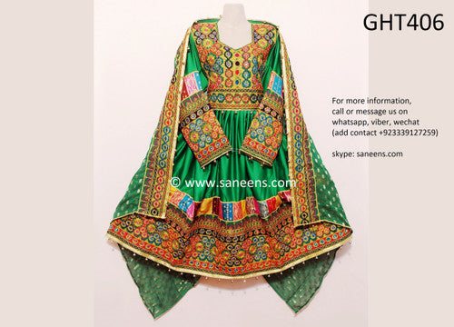 Afghan Traditional Dress In Green Color With Mirrors Embroidery Work