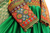 Afghan Traditional Dress In Green Color With Mirrors Embroidery Work