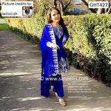 Blue Velvet Afghan Clothes With Finest Embroidery Work