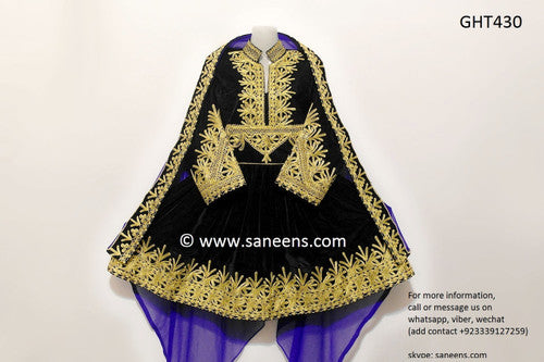 Pathani Dress In Blue Velvet Afghan Clothes With Floral Embroidery
