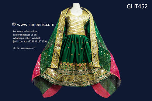 Mirrors Work Afghan Clothes Pashtun Bridal Dress In Green Color