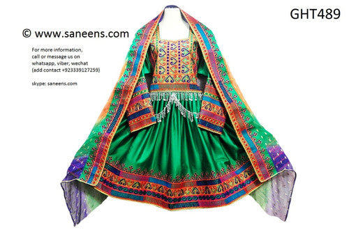 Pashtun Nikah Frock Afghani Dress In Green Color With Waist Chains