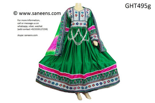 Pathani Clothes In Green Satin Fabric Afghani Dress Persian Bridal Outfit