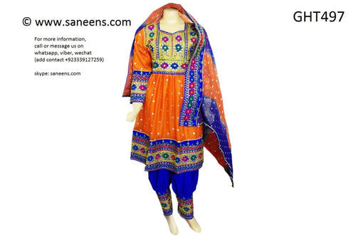 Pathani Dress In Orange And Blue Color With Mirrors Work Embroidery
