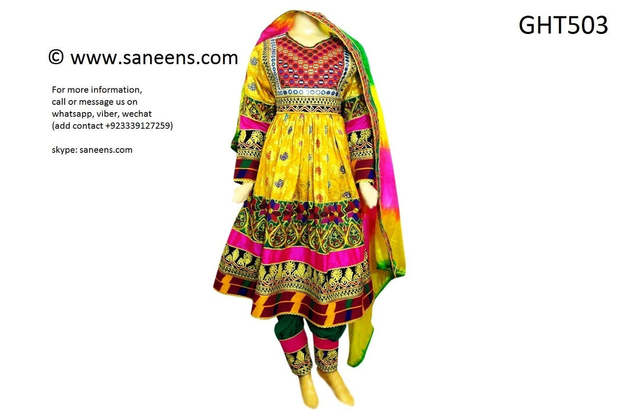 Buy Afghan Clothes In Yellow Color With Genuine Yakhan Dozi Needlework