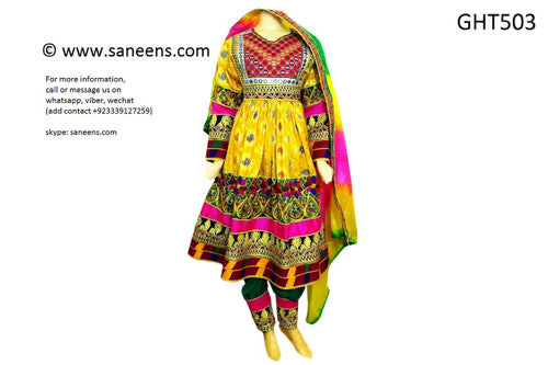 Buy Afghan Clothes In Yellow Color With Genuine Yakhan Dozi Needlework