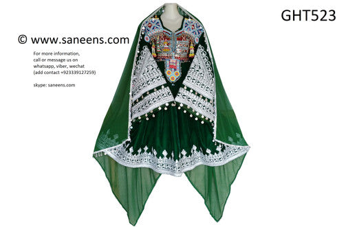 Afghan Pashtoon Dress In Green Velvet Vintage Beads Embroidery Work
