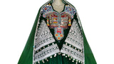 Afghan Pashtoon Dress In Green Velvet Vintage Beads Embroidery Work