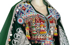 Afghan Pashtoon Dress In Green Velvet Vintage Beads Embroidery Work