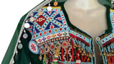 Afghan Pashtoon Dress In Green Velvet Vintage Beads Embroidery Work
