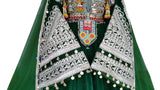 Afghan Pashtoon Dress In Green Velvet Vintage Beads Embroidery Work