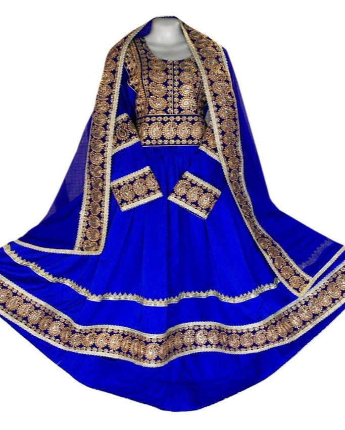 afghan clothes, pashtun brides frock with blue lace work