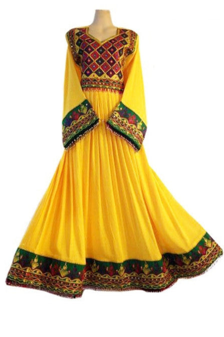 Yellow Color Afghan Bridal Full Suit Kuchi Ladies Handmade Apparel