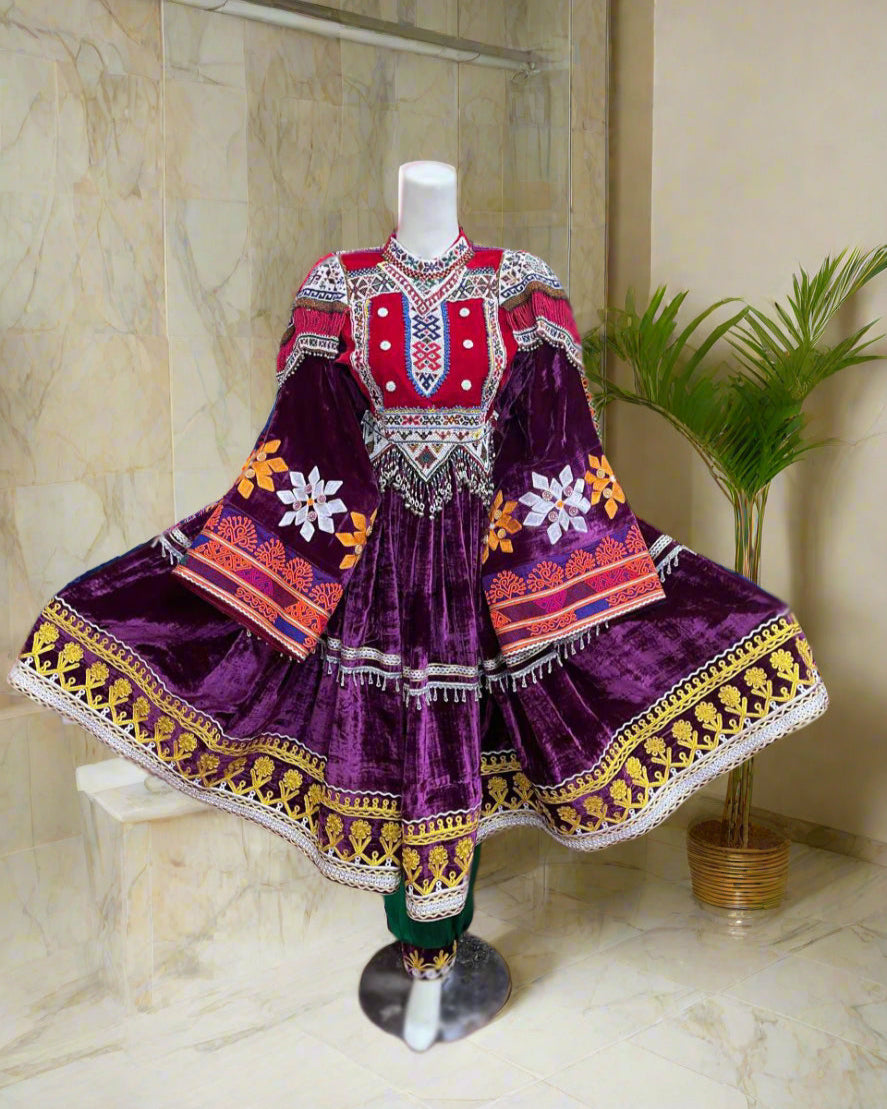 Red Purple Velvet Kuchi Long Frock
