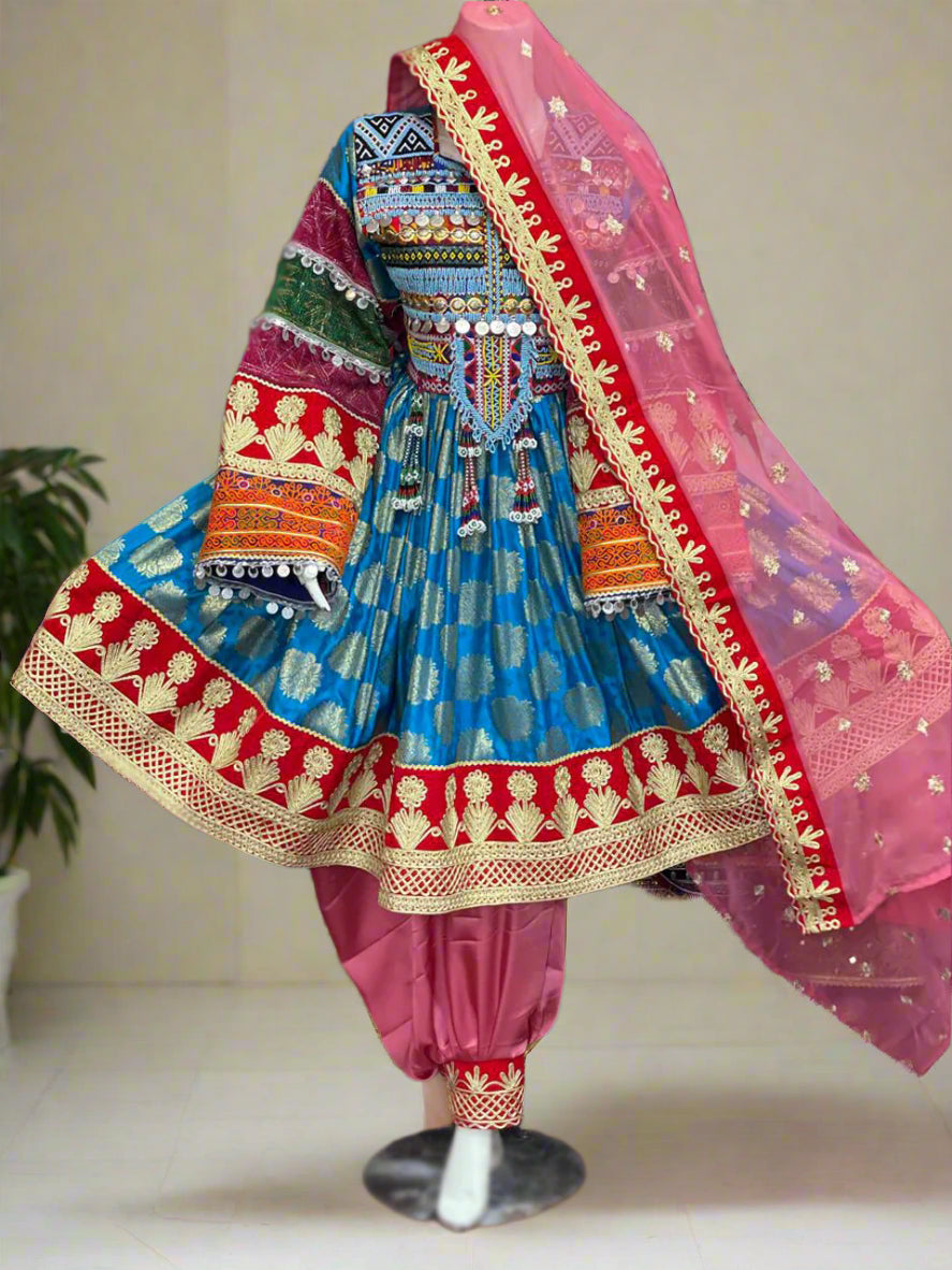 Sky Blue And Red Color Pathani Dress