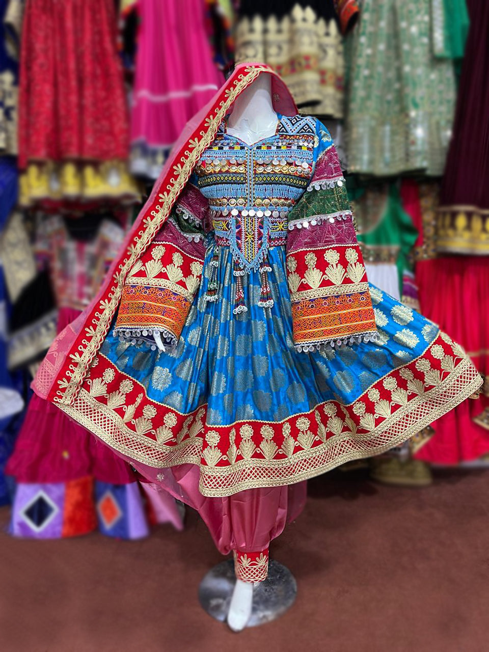 Sky Blue And Red Color Pathani Dress