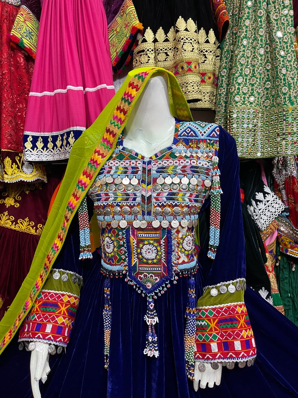 Blur Soft Velvet Afghani Dress With Coins Work