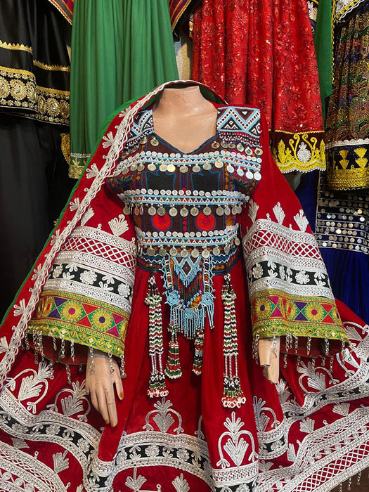 Kuchi Red Velvet Frock With Silver Embroidery