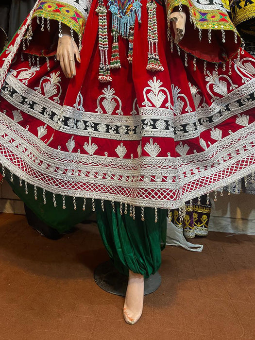 Kuchi Red Velvet Frock With Silver Embroidery