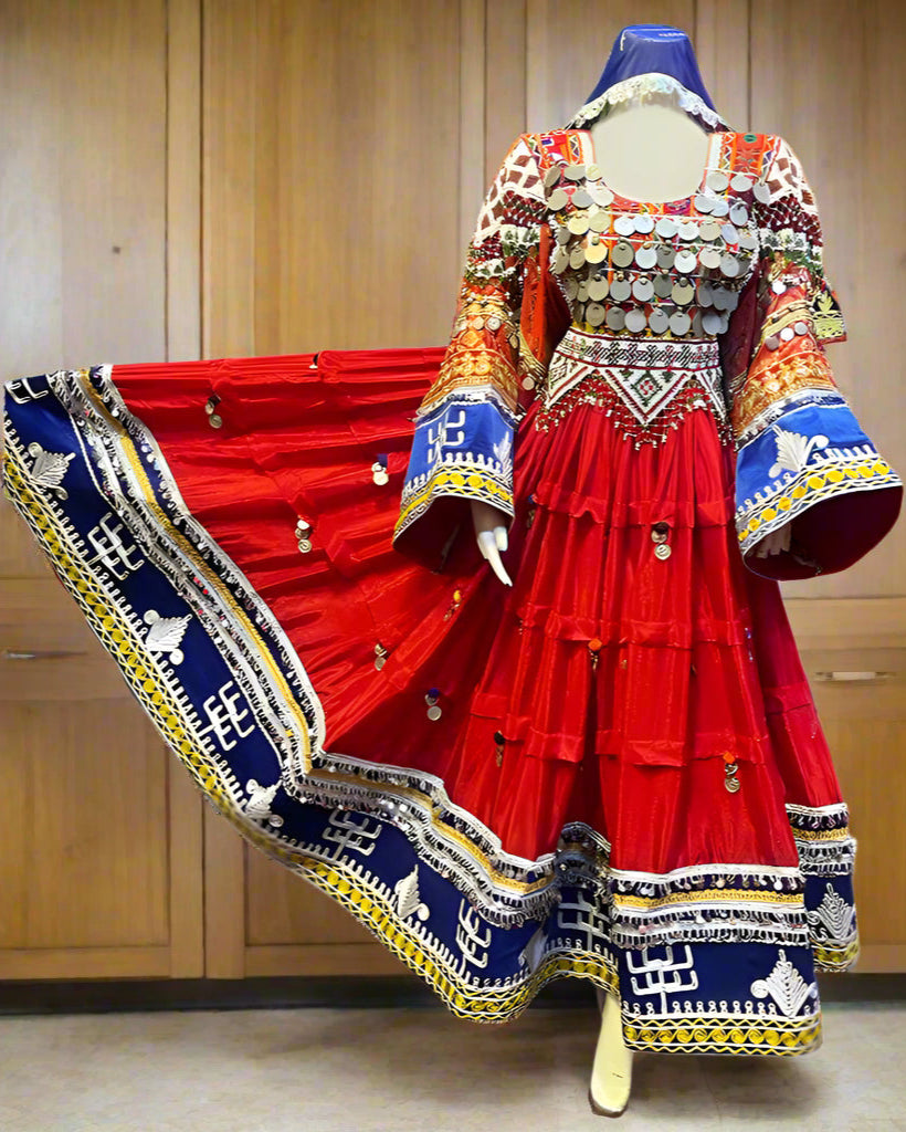 Red Afghano, Black, Afghani kuchi hand made dress for bride namzad 