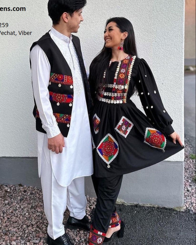 Afghan Embroidered Couple Dress With Groom Vest