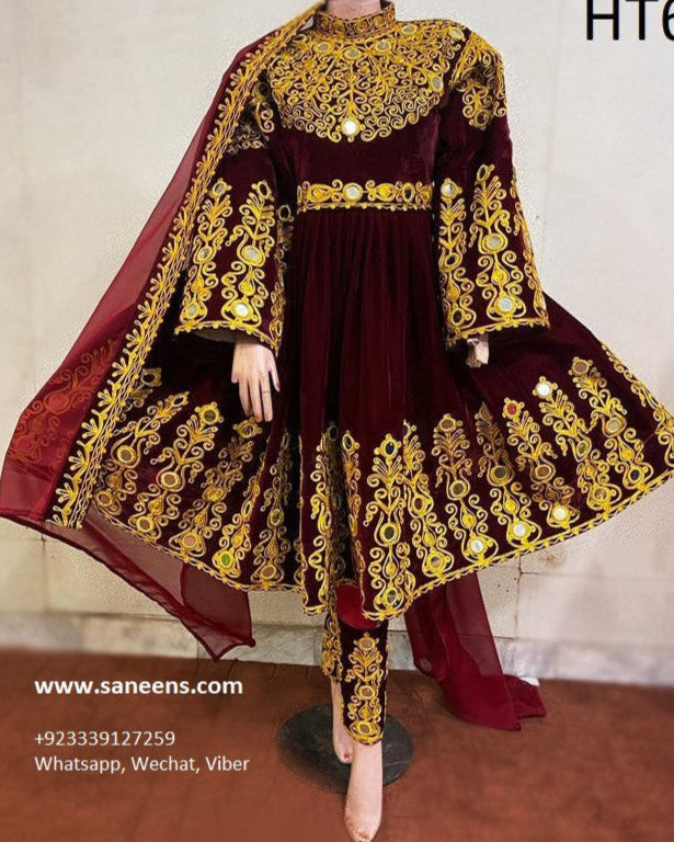 Embroidered Velvet Fabric Afghan Bridal Dress