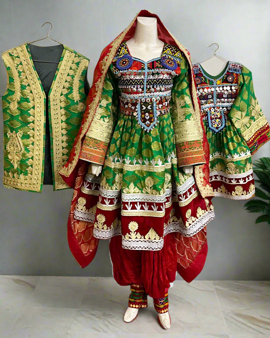 afghan arosi green dress with kids dress and vest