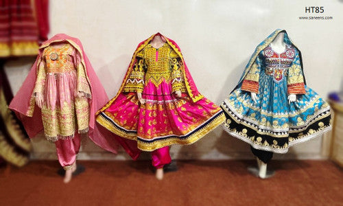 Buy Afghan Three Dresses In Peach Pink And Turquoise Colors