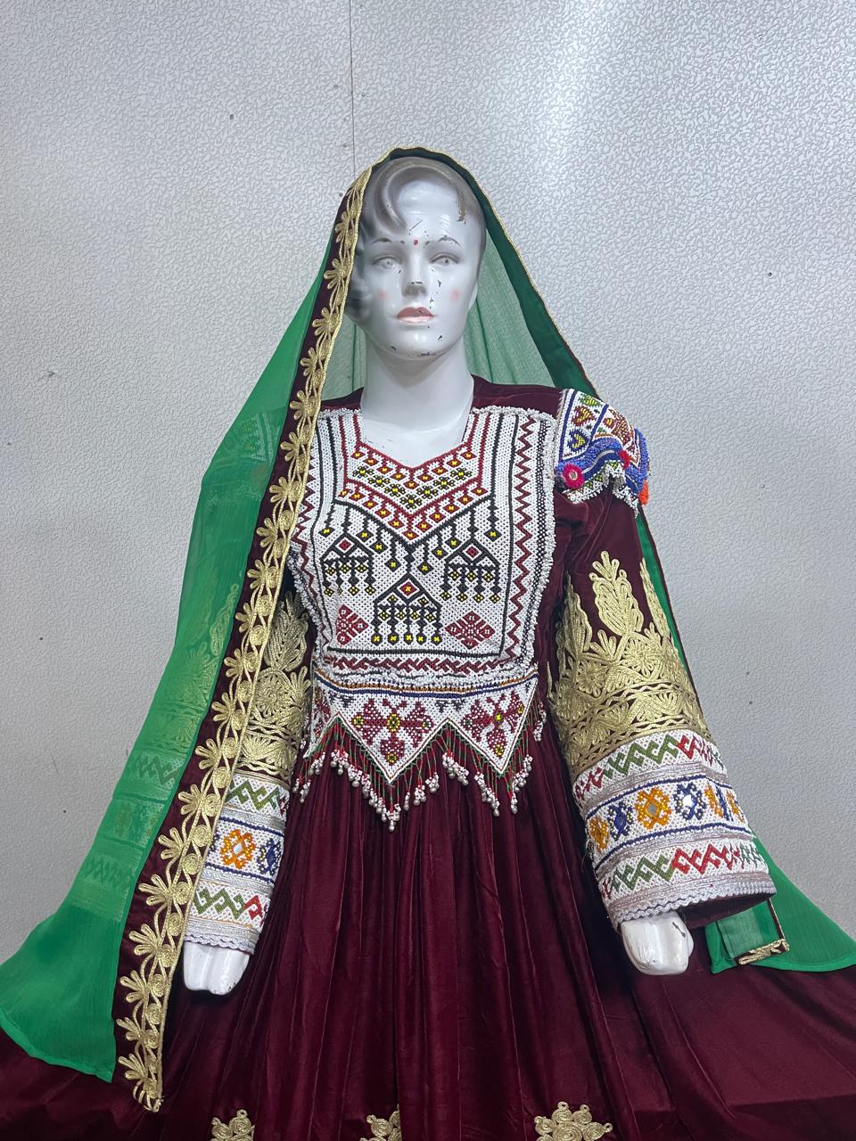 Pashtun Arosi Libas Maroon Velvet Bridal Dress