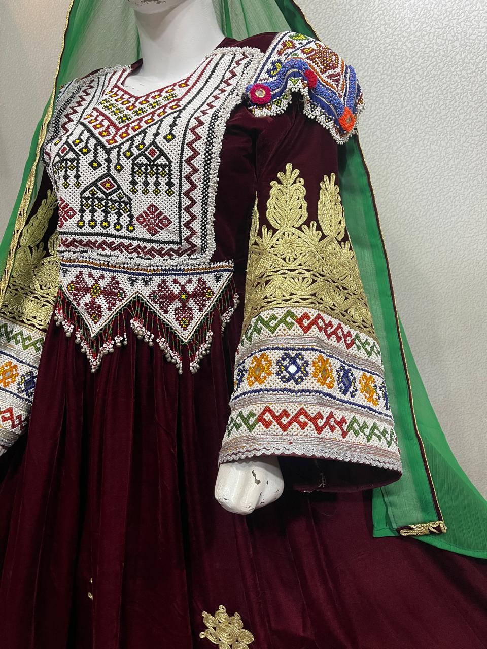 Pashtun Arosi Libas Maroon Velvet Bridal Dress