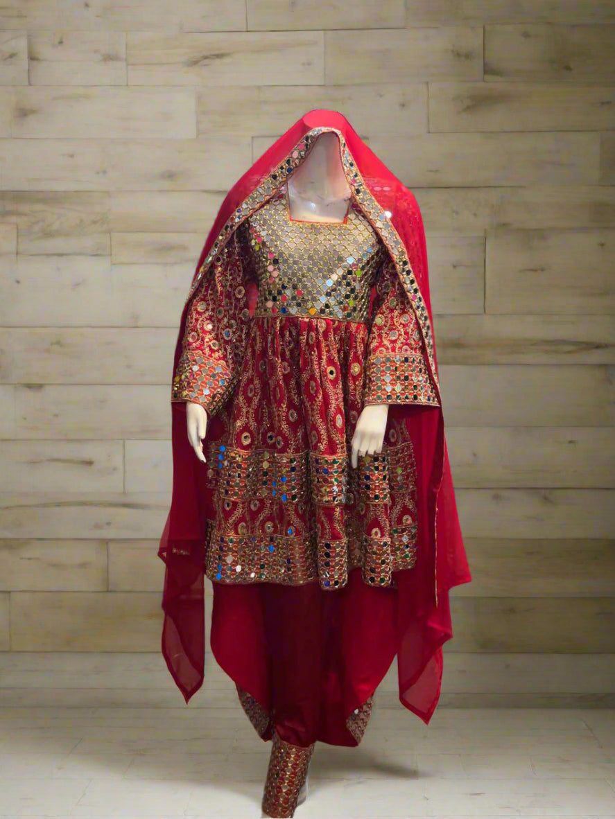 Mirrors Work Afghan Persian Bridal Red Frock