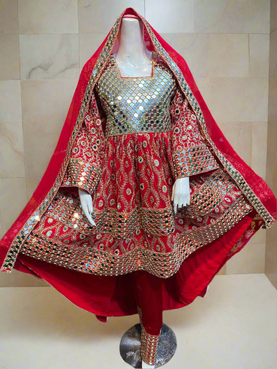Mirrors Work Afghan Persian Bridal Red Frock